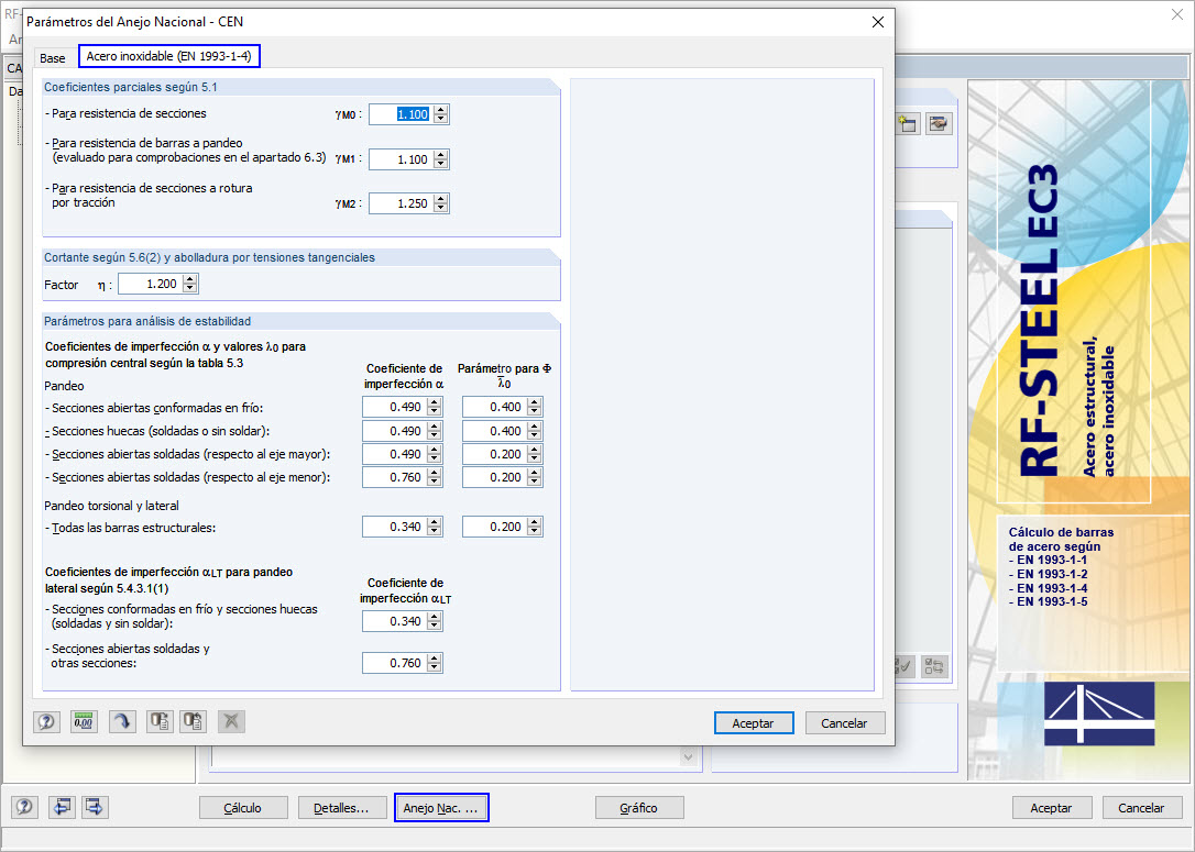 Parámetros para el acero inoxidable según EN 1993-1-4