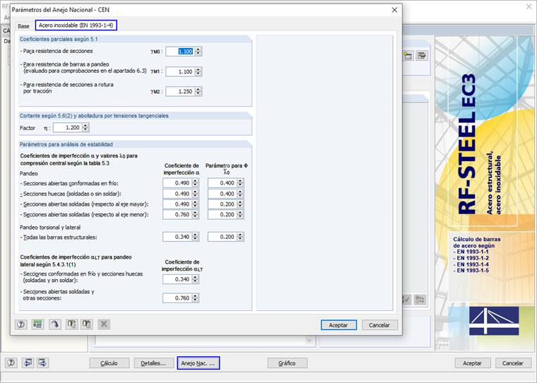 Parámetros para el acero inoxidable según EN 1993-1-4