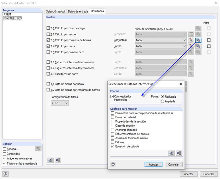 Selección de resultados intermedios con la "Ecuación de cálculo"