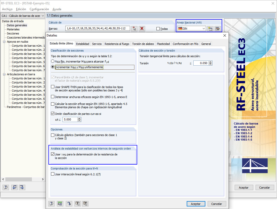 Anejo nacional y casilla de verificación para gamma_M1 para el cálculo de la resistencia de la sección