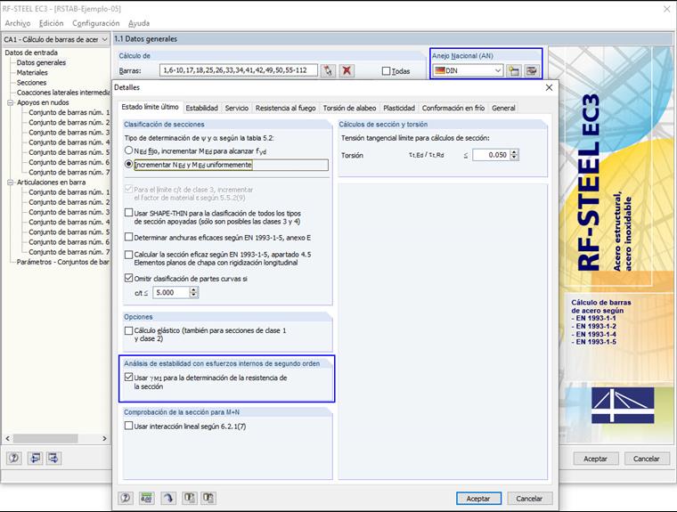 Anejo nacional y casilla de verificación para gamma_M1 para el cálculo de la resistencia de la sección