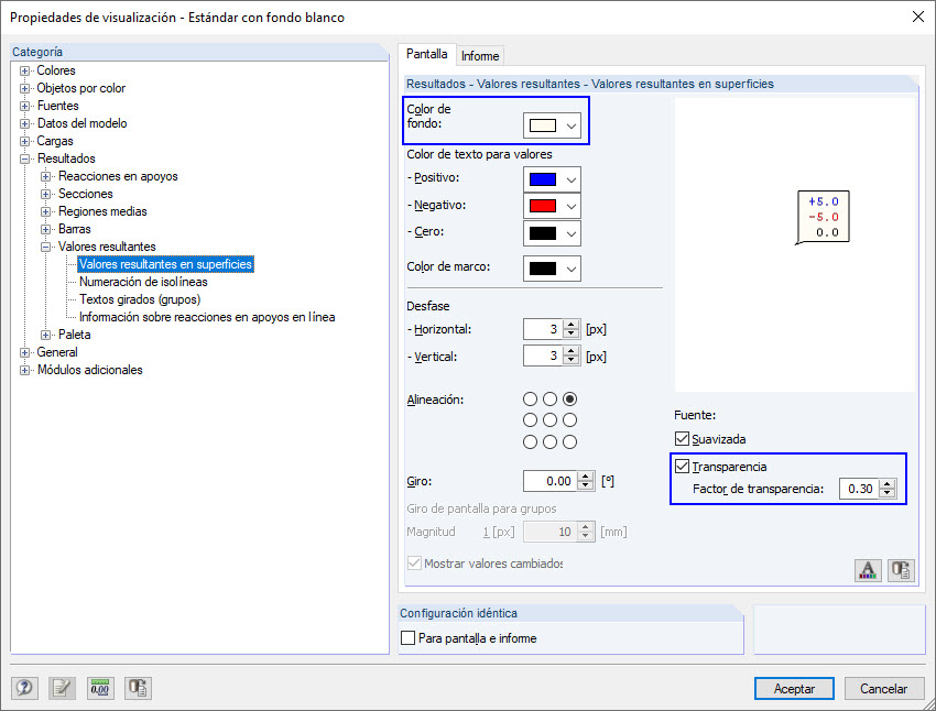 Propiedades de visualización: Valores resultantes en superficies