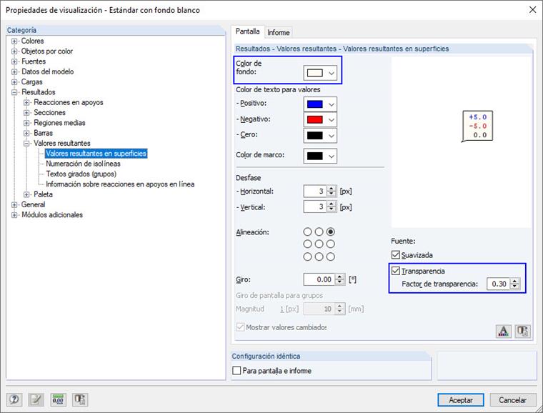 Propiedades de visualización: Valores resultantes en superficies