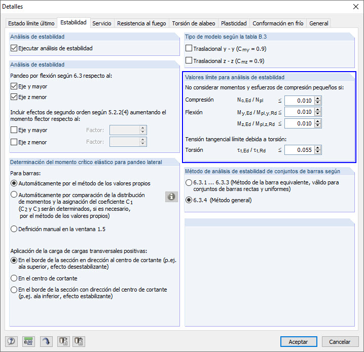 Valores límite para análisis de estabilidad