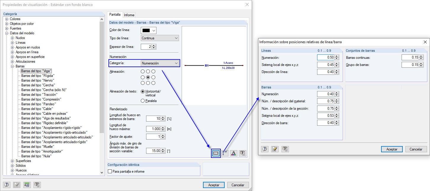 Configuración de posiciones relativas de la información de la barra
