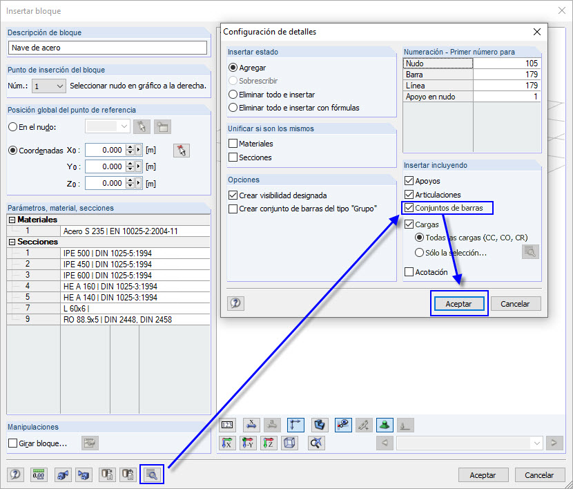 Configuración detallada: Insertar incluyendo conjuntos de barras