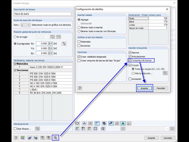 Configuración detallada: Insertar incluyendo conjuntos de barras