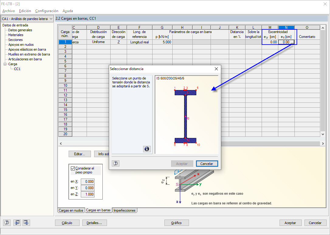 Definición de la excentricidad haciendo clic en el punto de tensión