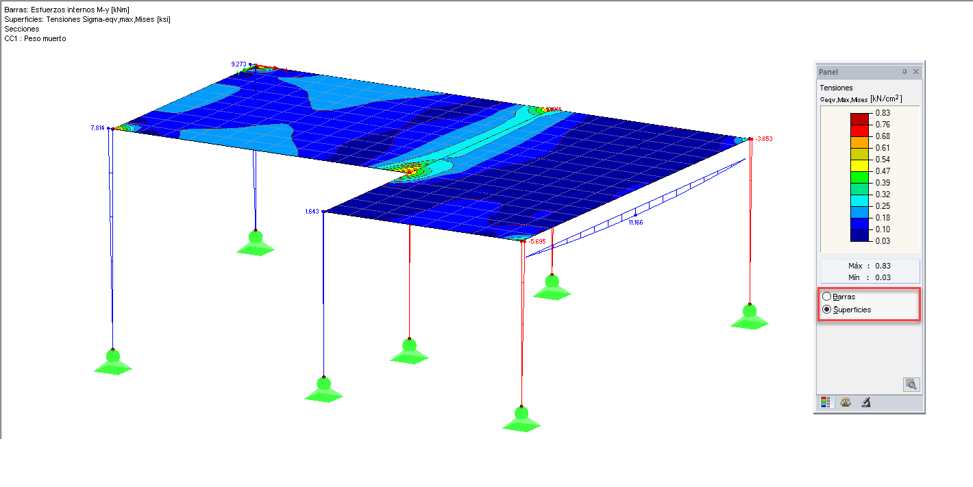 Configuración de resultados de barras o superficies en el panel