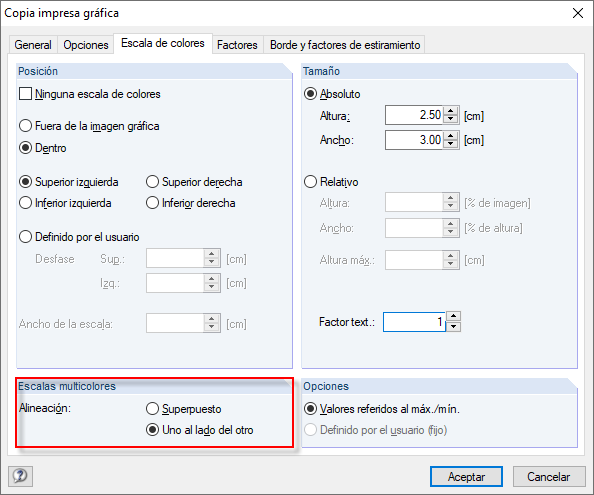 Disposición de las escalas multicolores para la impresión