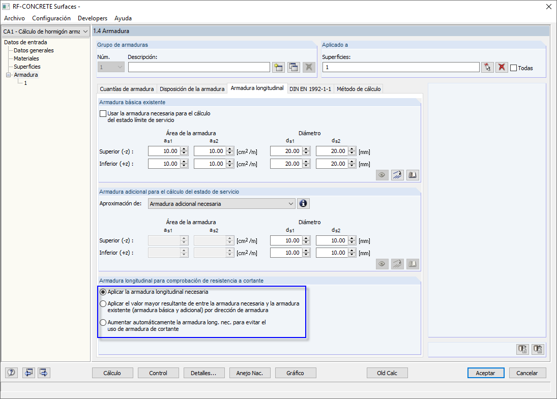 Opciones de armadura longitudinal necesarias para el cálculo de esfuerzos cortantes