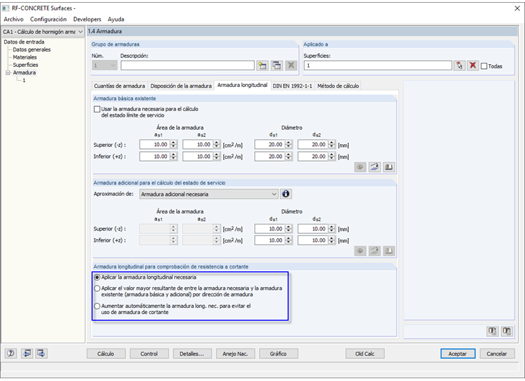 Opciones de armadura longitudinal necesarias para el cálculo de esfuerzos cortantes