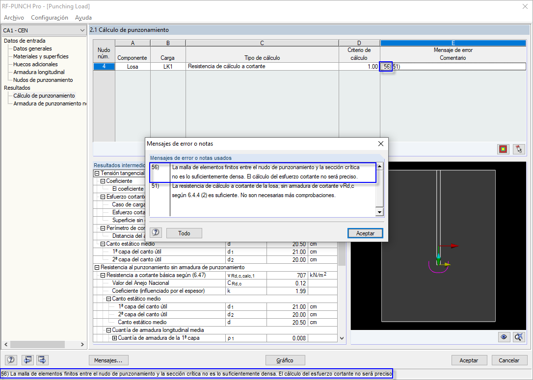 Mensaje núm. 56 en la ventana de resultados 2.1