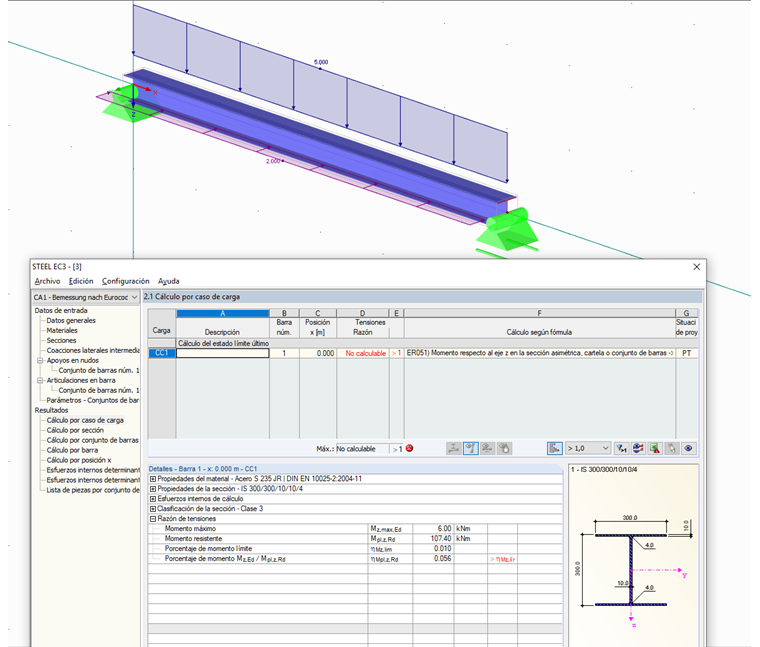 Advertencia para el cálculo de un conjunto de barras con flexión transversal
