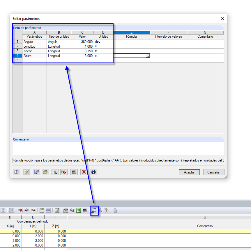 Introducción de parámetros
