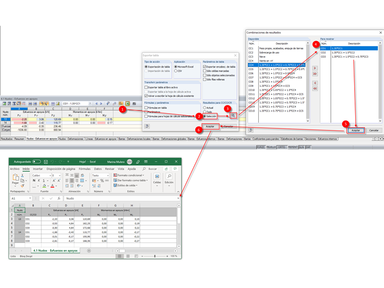 Exportación de las fuerzas en el apoyo en nudo de LC/CO/RC seleccionadas a Excel