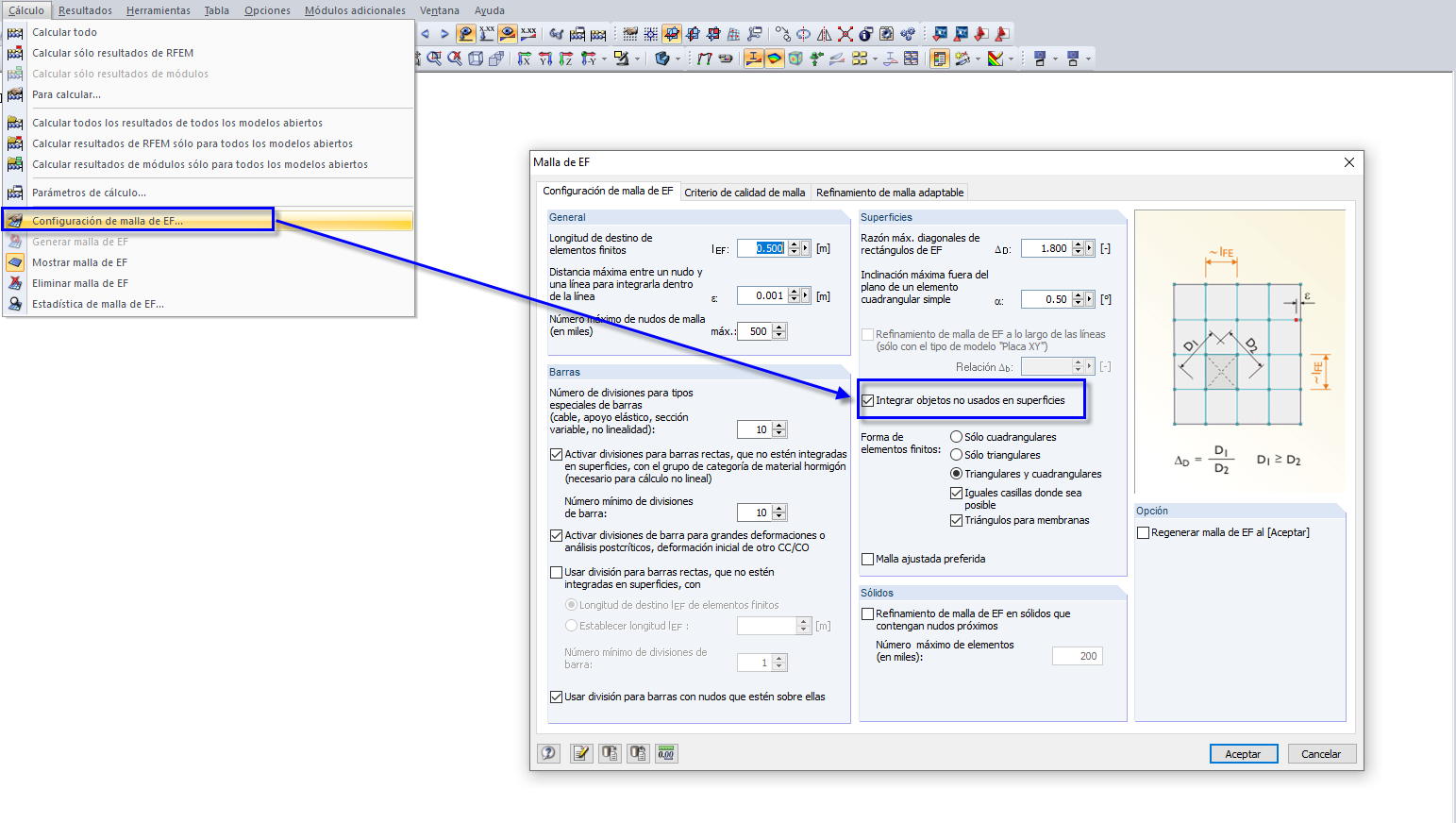 Option "Nicht verwendete Objekte in Flächen integrieren"