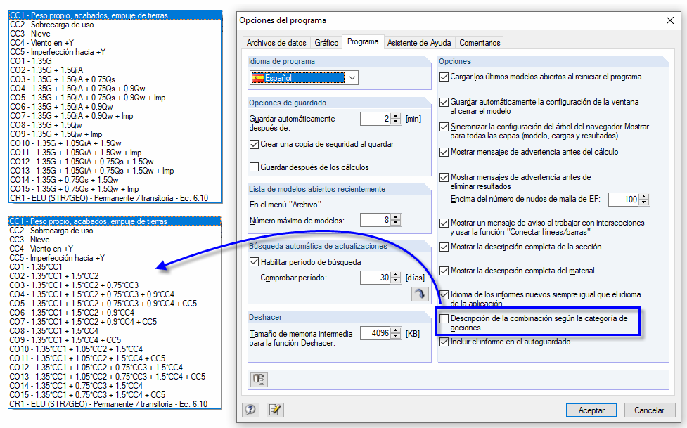 Descripción de combinaciones según la categoría de acción