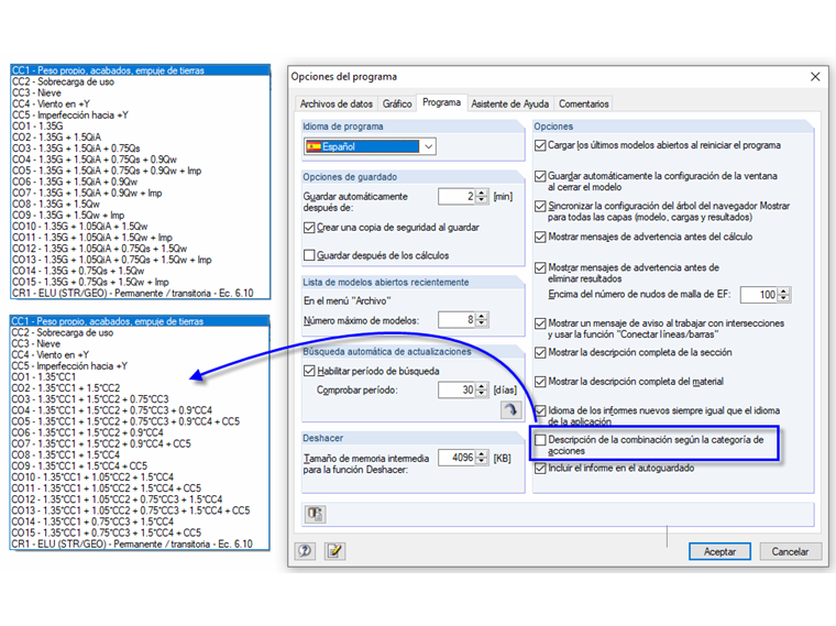 Descripción de combinaciones según la categoría de acción