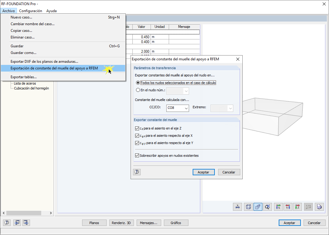 Menü "Datei" zum Export der Lager-Federkonstanten