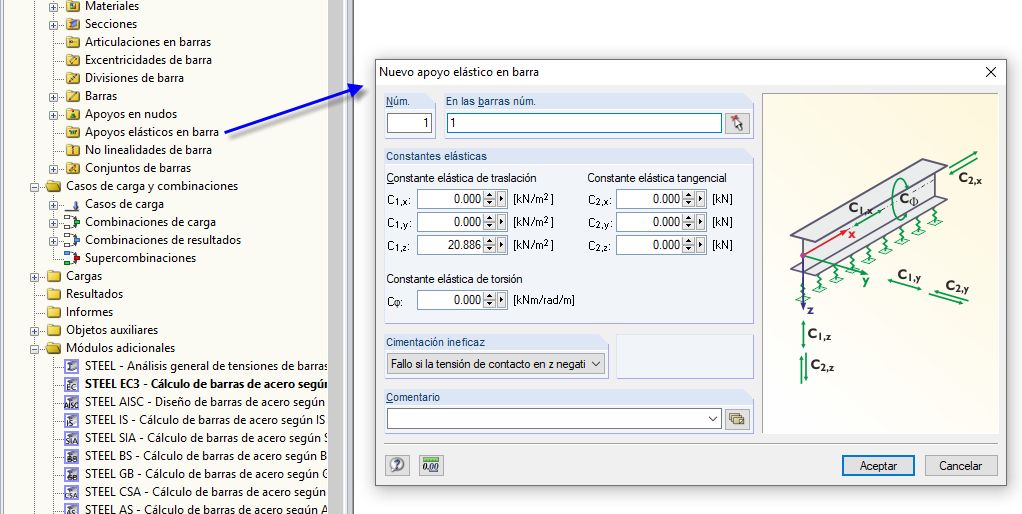 Definición del apoyo elástico de la barra