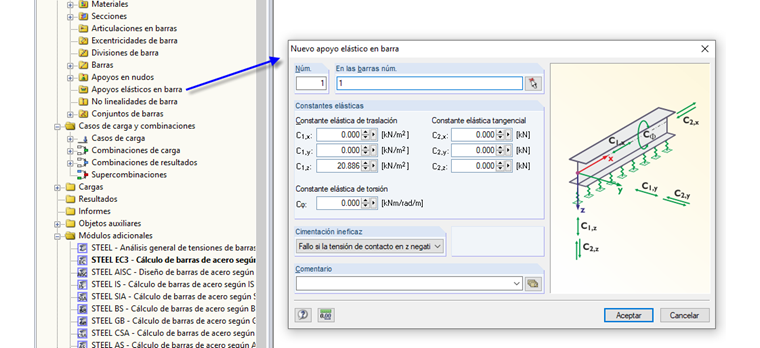 Definición del apoyo elástico de la barra