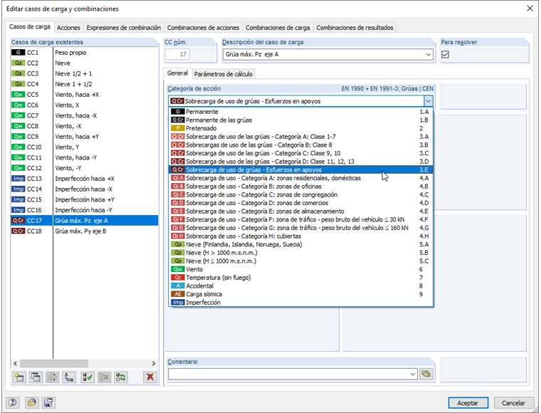 Consideración de las fuerzas de apoyo de las vigas de grúas