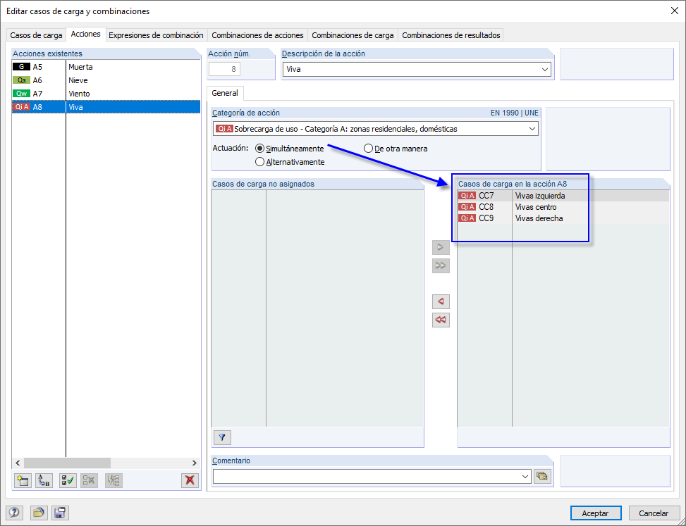 Acción simultánea de casos de carga