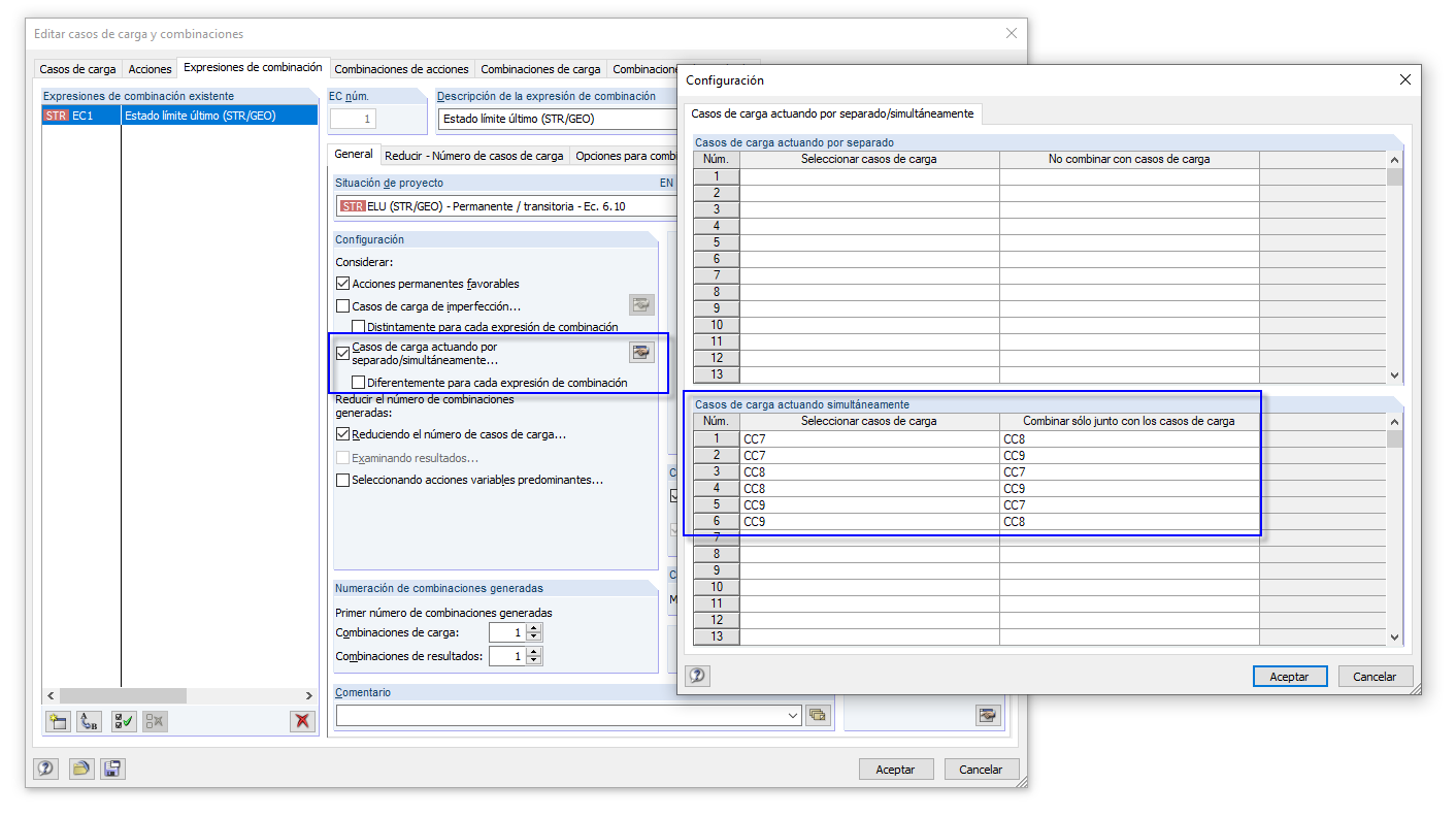 Casos de carga actuando por separado/simultáneamente