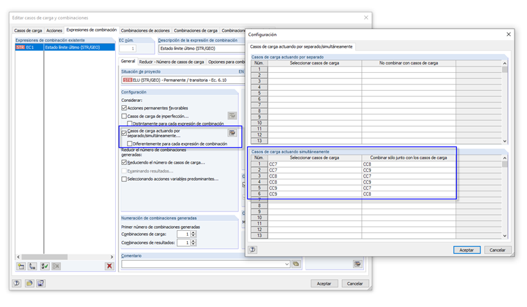 Casos de carga actuando por separado/simultáneamente