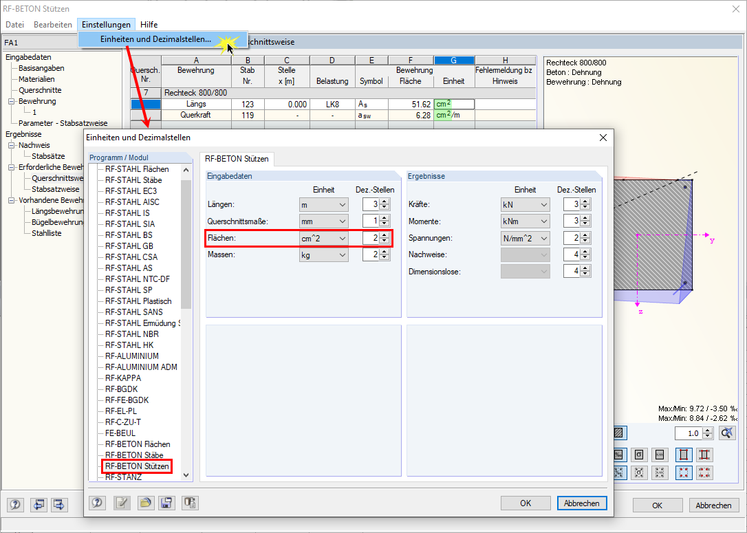 Configuración de unidades y decimales en RF-CONCRETE Columns