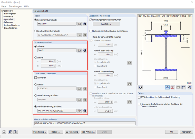 Definición de la sección del carril y la sección adicional