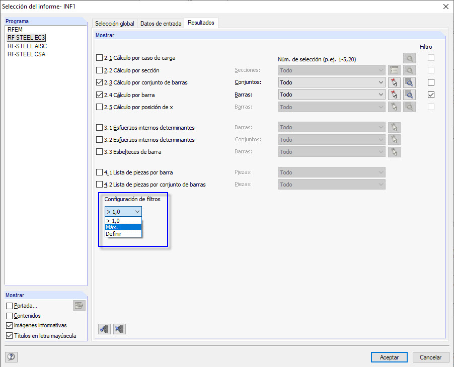 Opción de filtro en el informe