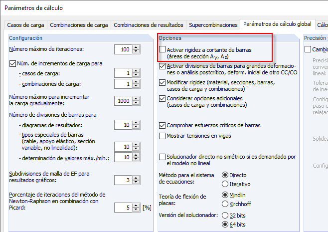 Activación de la rigidez a cortante de barras