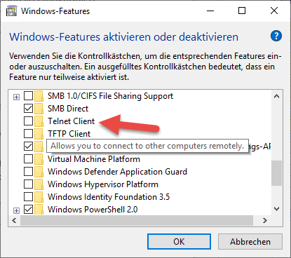Activación del cliente Telnet en las características de Windows