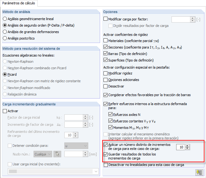 Cuadro de diálogo para los parámetros de cálculo de casos de carga y combinaciones de carga
