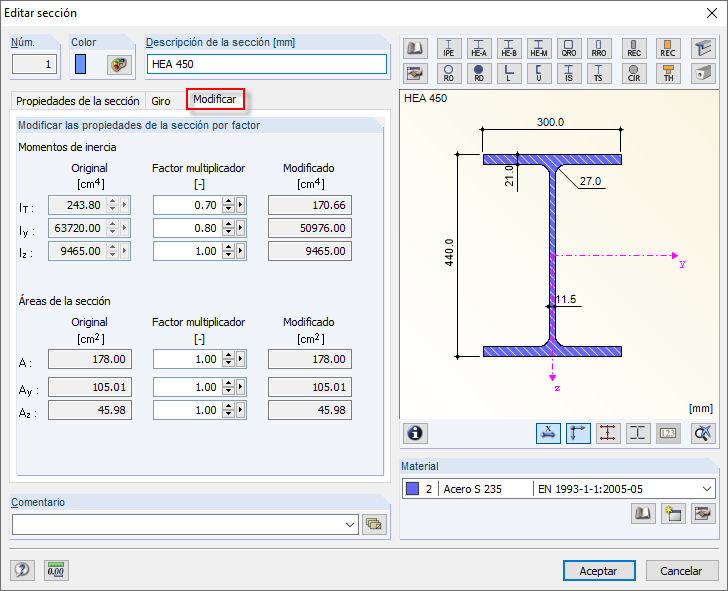 Dialog Querschnitt bearbeiten
