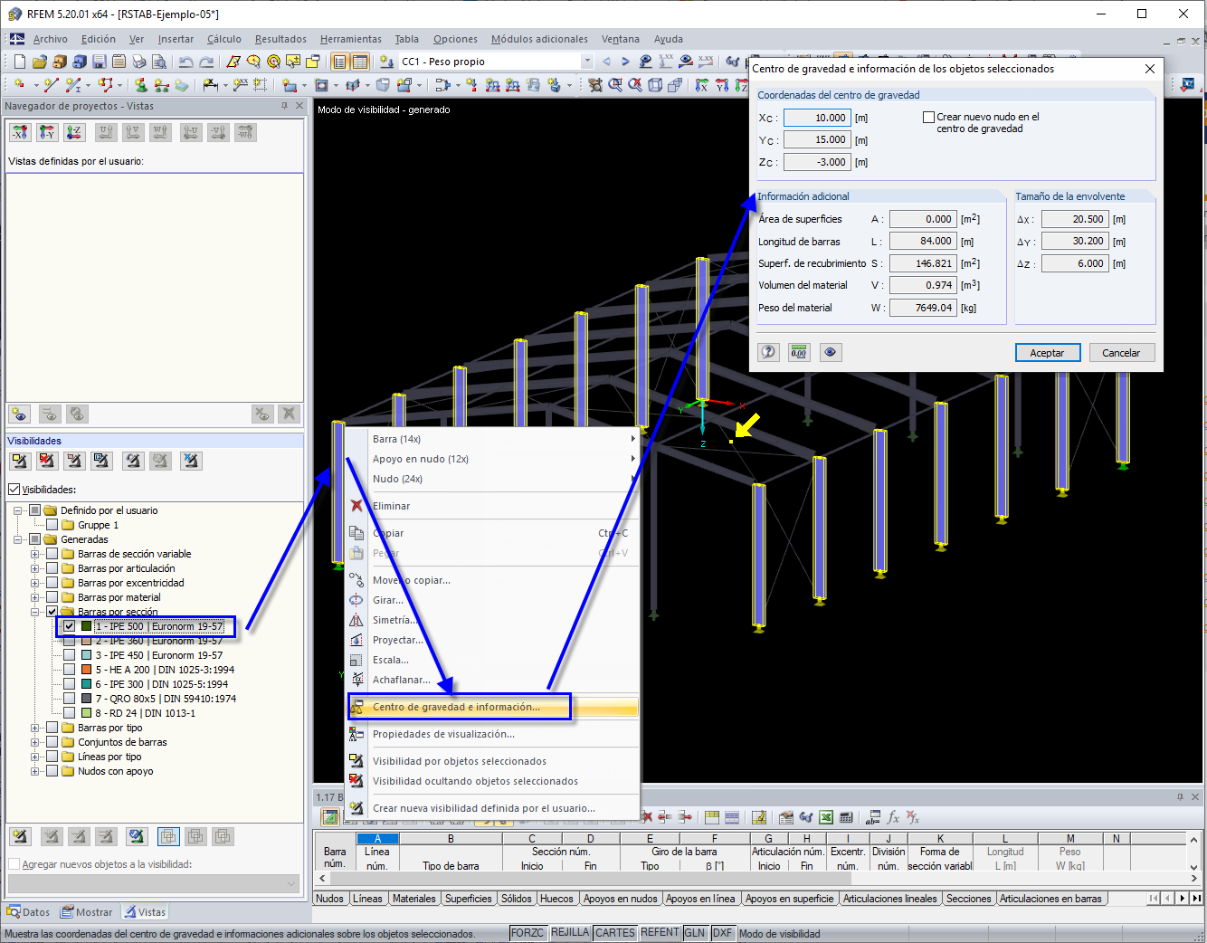 Centro de gravedad e información de los objetos seleccionados