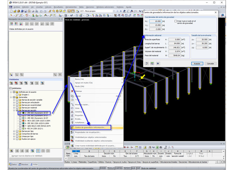 Centro de gravedad e información de los objetos seleccionados