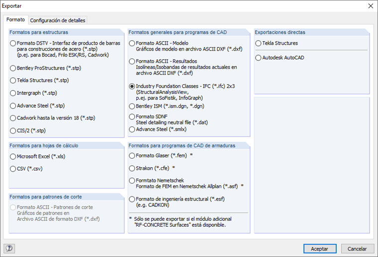 Interfaces de exportación de RFEM