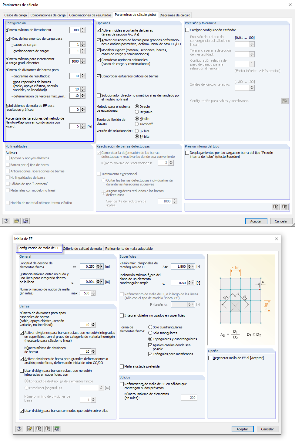 Configuración de los parámetros de cálculo y configuración de la malla de elementos finitos