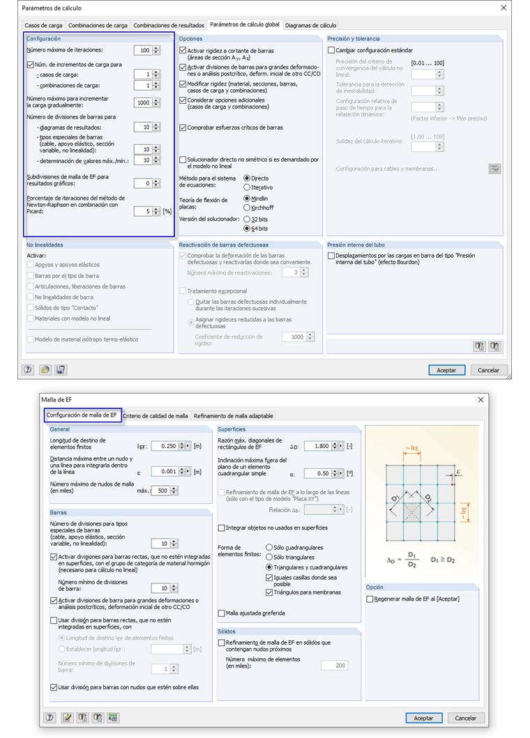 Configuración de los parámetros de cálculo y configuración de la malla de elementos finitos