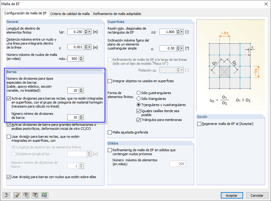 Definición de divisiones de barras en la configuración de malla de elementos finitos