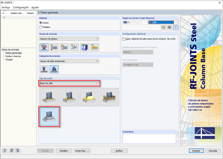 Tipo de conexión - Cimentación del cangilón