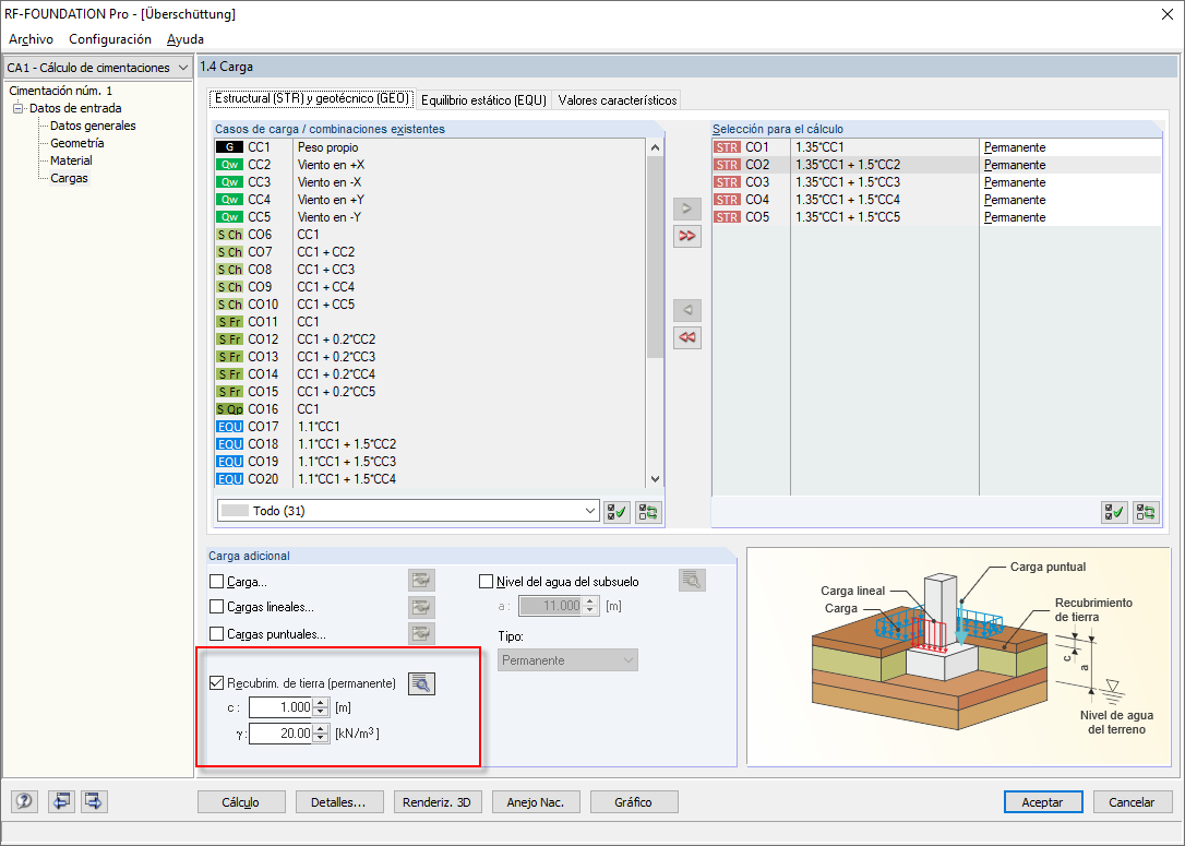 Definición del recubrimiento de tierra sin introducir el perfil del suelo