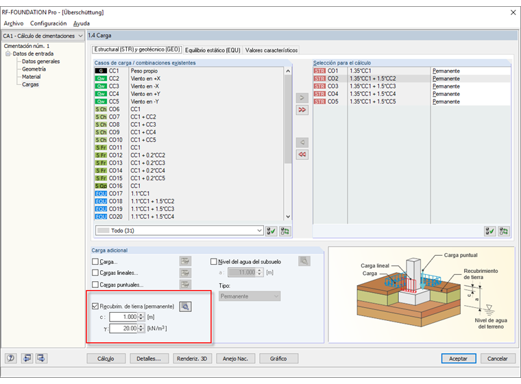 Definición del recubrimiento de tierra sin introducir el perfil del suelo