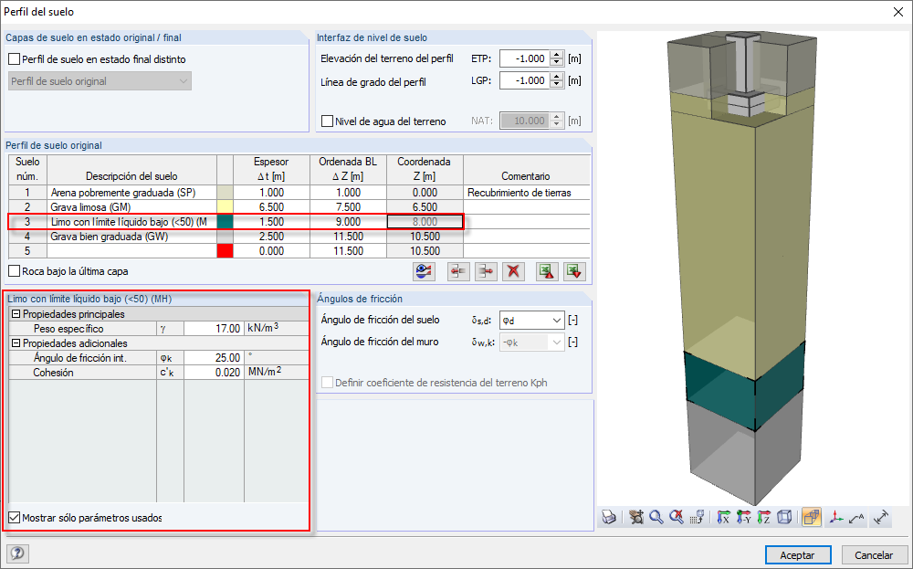Ajuste de los parámetros del suelo para la capa de suelo respectiva