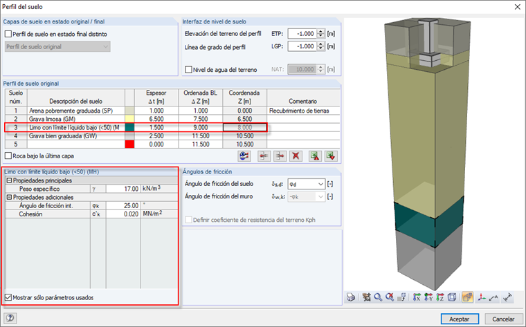 Ajuste de los parámetros del suelo para la capa de suelo respectiva