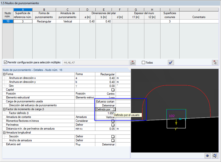 Ventana de entrada 1.5 con especificación definida por el usuario del factor de aumento de carga ß