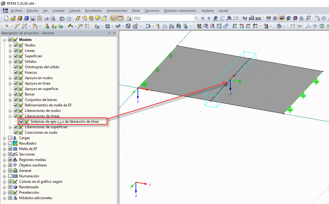 Navegador de proyectos - Mostrar: Visualización de los sistemas de ejes de liberación de línea x, y, z